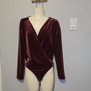 Express Velvet Faux Wrap Bodysuit - Wine